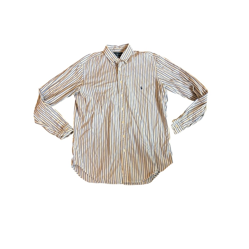 Mens Large Tall Ralph Lauren Long Sleeve Blue and Yellow Striped Dress Shirt EUC